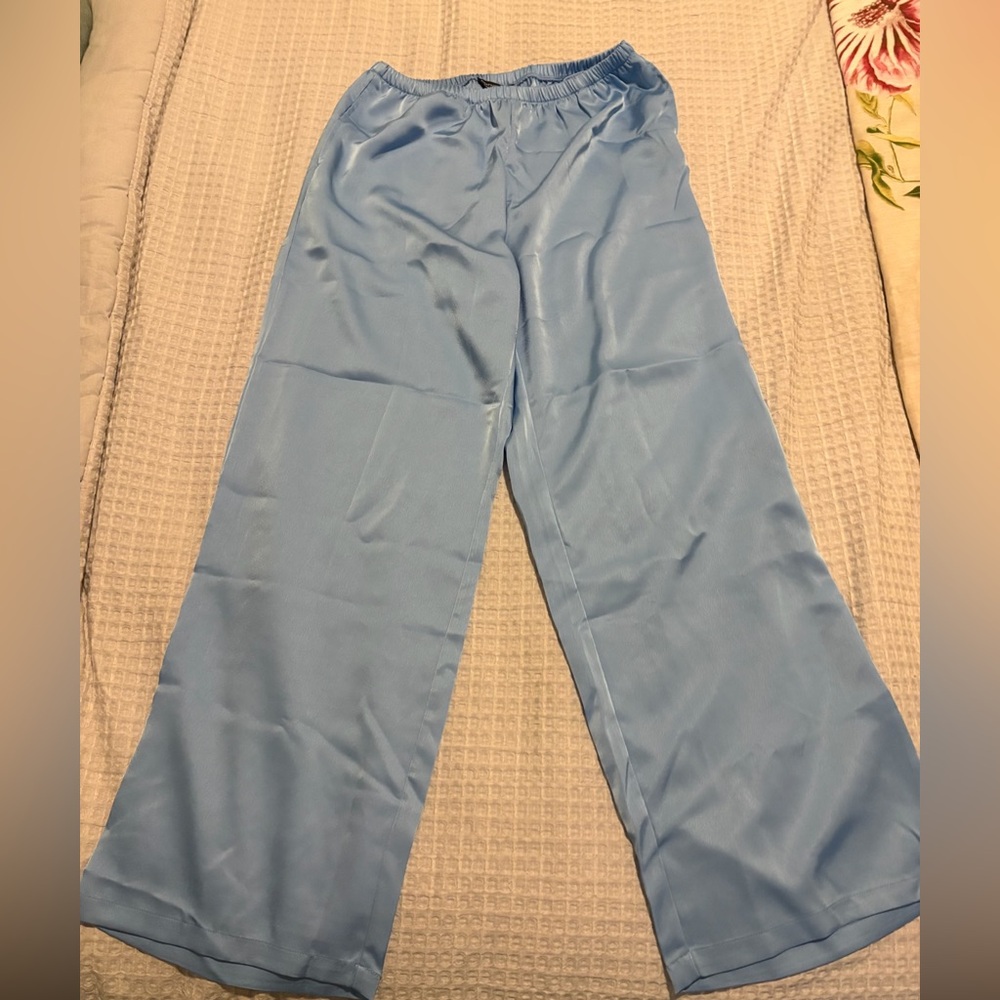Light Blue Satin Wide-Leg Pants